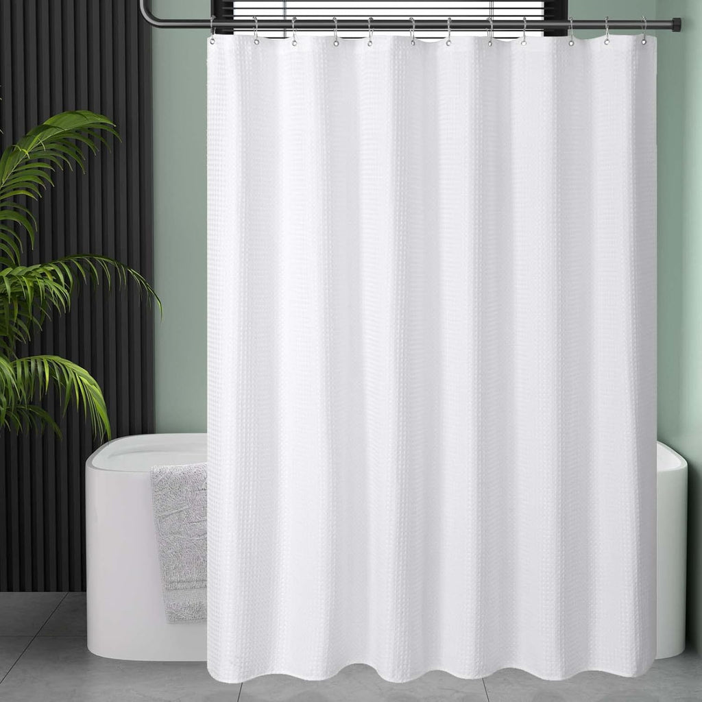 White Shower Curtain Fabric, Waffle Shower Curtains for Bathroom, Cloth Shower Curtain Heavy Duty, Thick Bathroom Shower Curtains Hotel Quality, Premium Polyester, 72x72 Inches