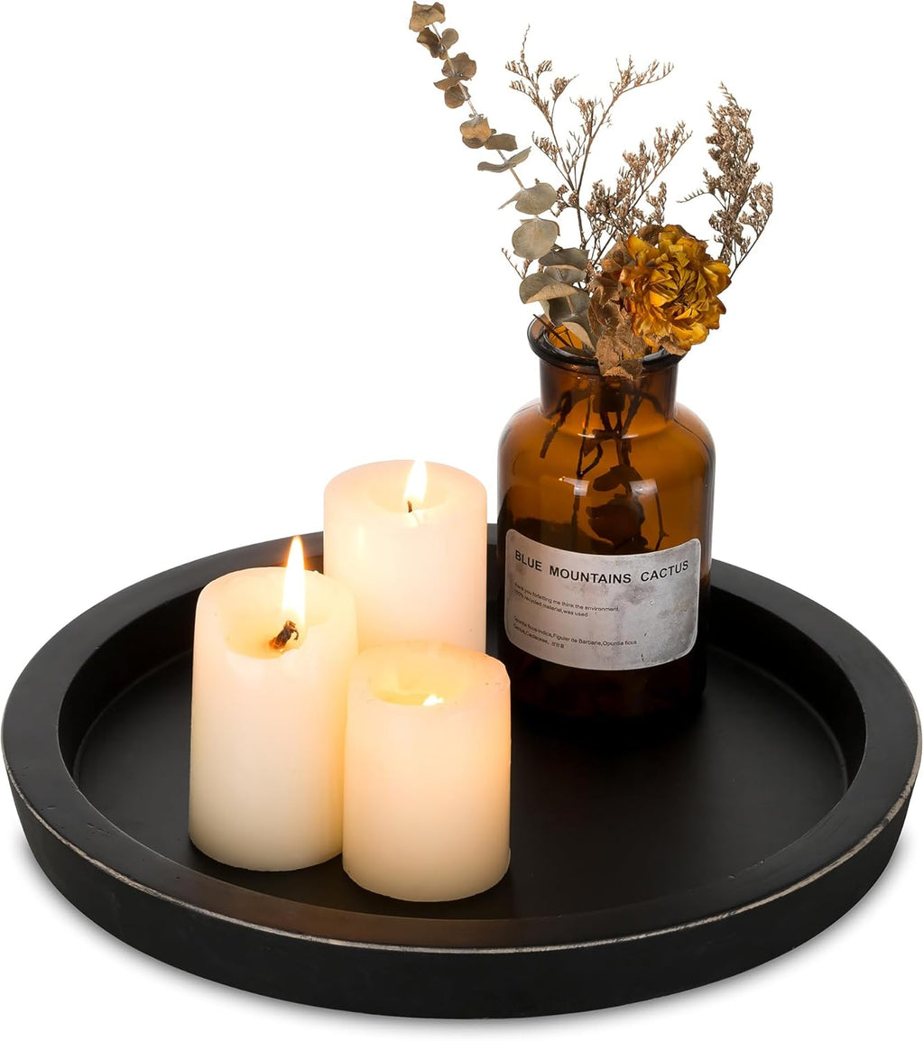Candle Plate Holder Tray: Round White Wood Decorative Tray Decor - Rustic Farmhouse CoffeeTable Decor - Tealight Pillar Trays for Home Decor