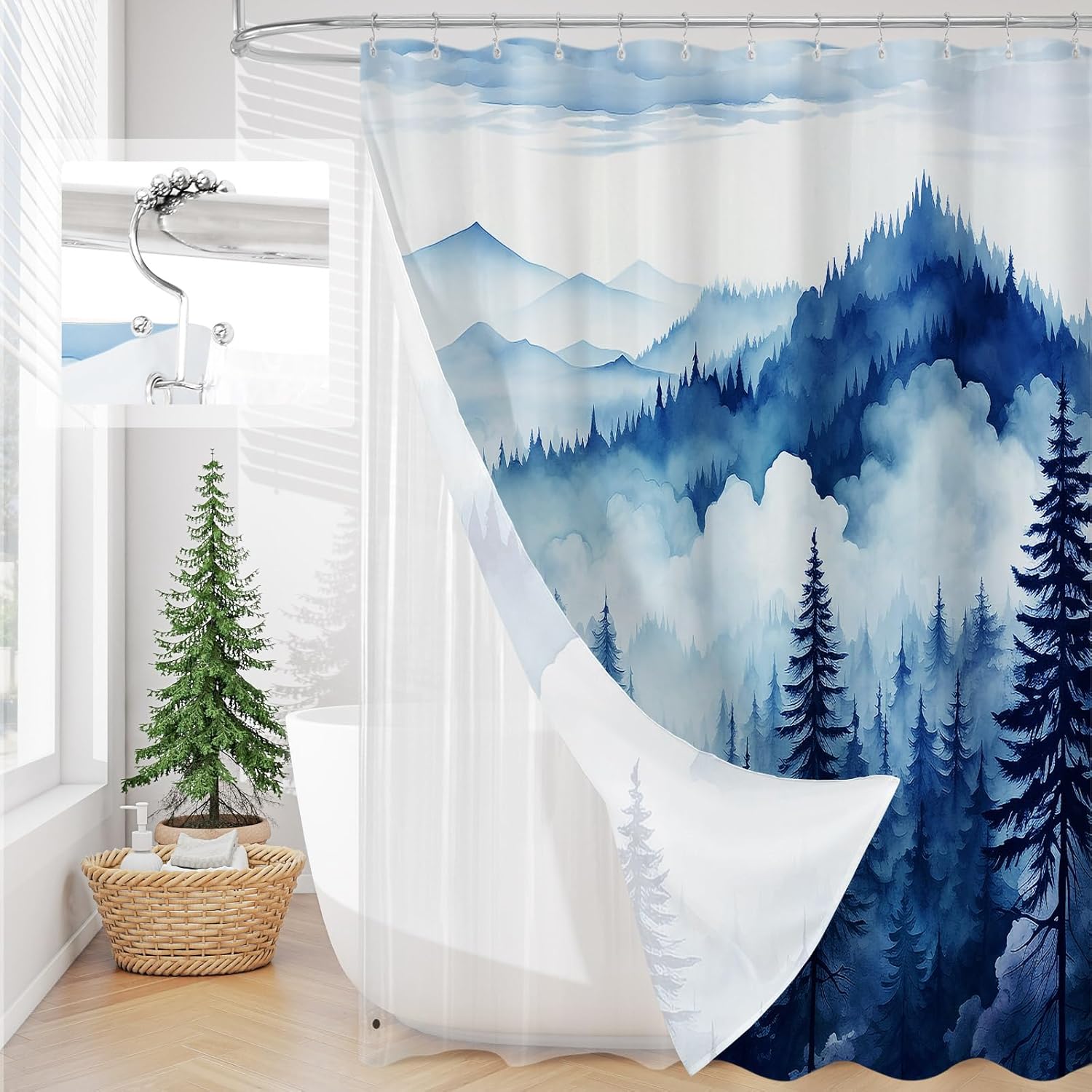 3 in 1 Shower Curtain Set, DarkGreen Misty Pine Forest Fabric Shower Curtain with PEVA Liner and Double Sided Hooks, Bathroom Curtain Waterproof 72x72