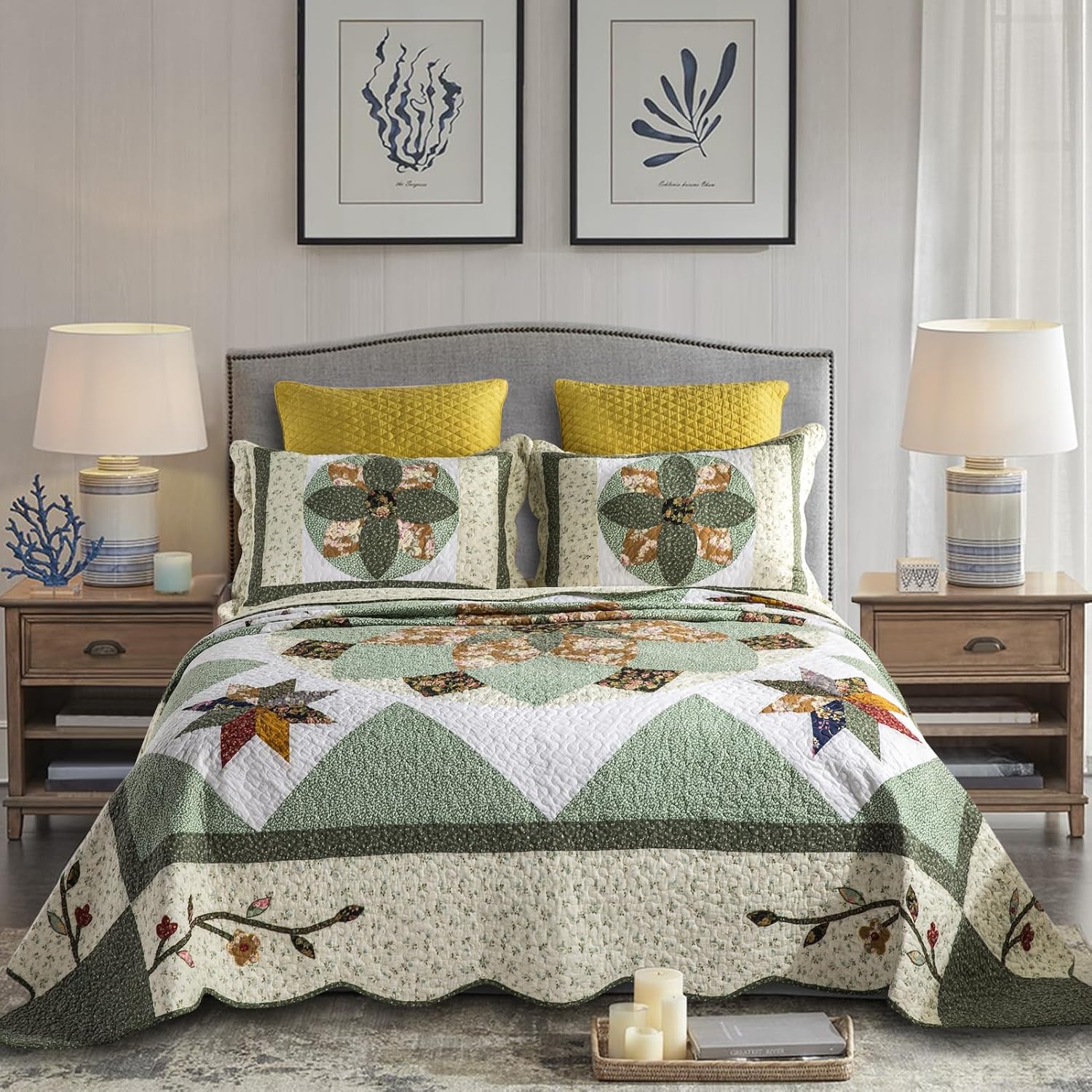 Quilts Queen Size Patchwork Bedspread Set - 100% Cotton Reversible Breathable Green Earth Geometric Quilted Quilt with Pillow Shams for All Seasons