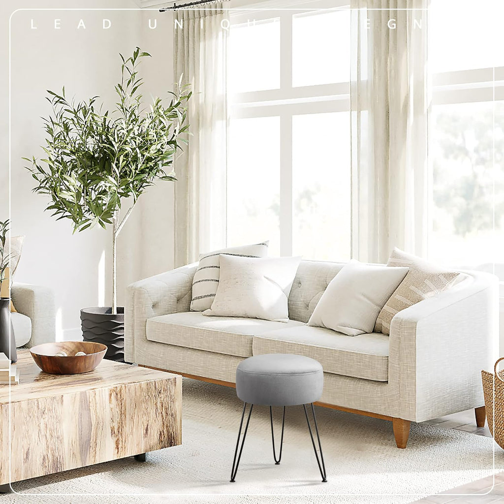 Vanity Stool, Gray Vanity Stools for Makeup Room, Round Ottoman Foot Stool, Velvet Footrest Vanity Chair for Bathroom Vanity, Bedroom, Living Room, Entryway, Offices, 300lbs