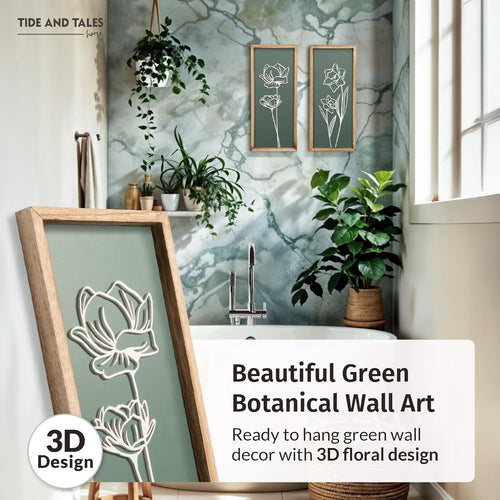 3D Floral Green Wall Art (Set of 2) Lightweight, Wooden Ready-to-Hang Boho Framed Wall Art for Bathroom, Bedroom, Living Room or Office – Premium Sage Green Farmhouse Decor – Gift-Boxed