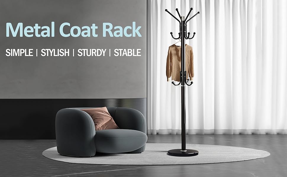 Modern Coat Rack Freestanding with Natural Marble Base & Sturdy Metal Frame, 11 Hooks Hall Tree for Jackets, Hats, Bags, Entryway Organizer for Bedroom, Living Room, Closet (11 hooks-Black)