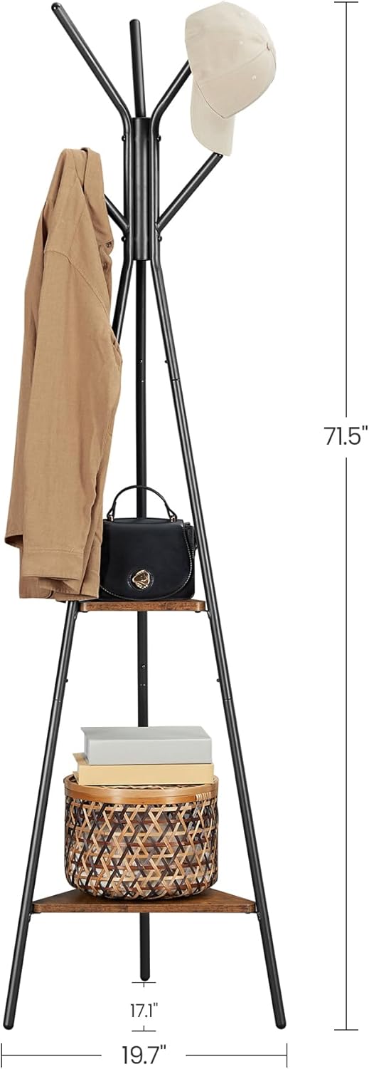 Coat Rack Freestanding, Coat Hanger Stand, Hall Tree with 2 Shelves, for Clothes, Hat, Bag, Industrial Style, Rustic Brown and Black URCR16BX