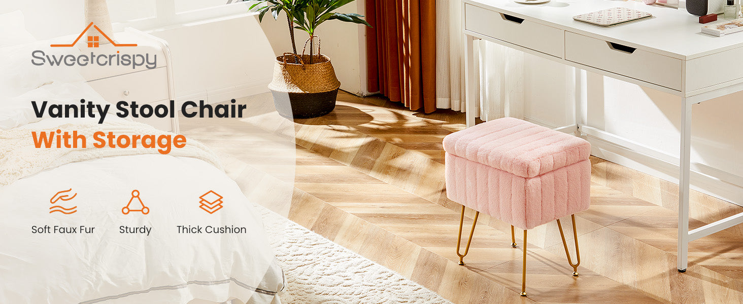 Vanity Stool Chair with Storage, 18.9”H x 16”L x 12.2”W Ottoman Chair Faux Fur Soft Padded Makeup Footstools Seat with 4 Metal Legs Anti-Slip Adjustable Feet for Make Up, Pink