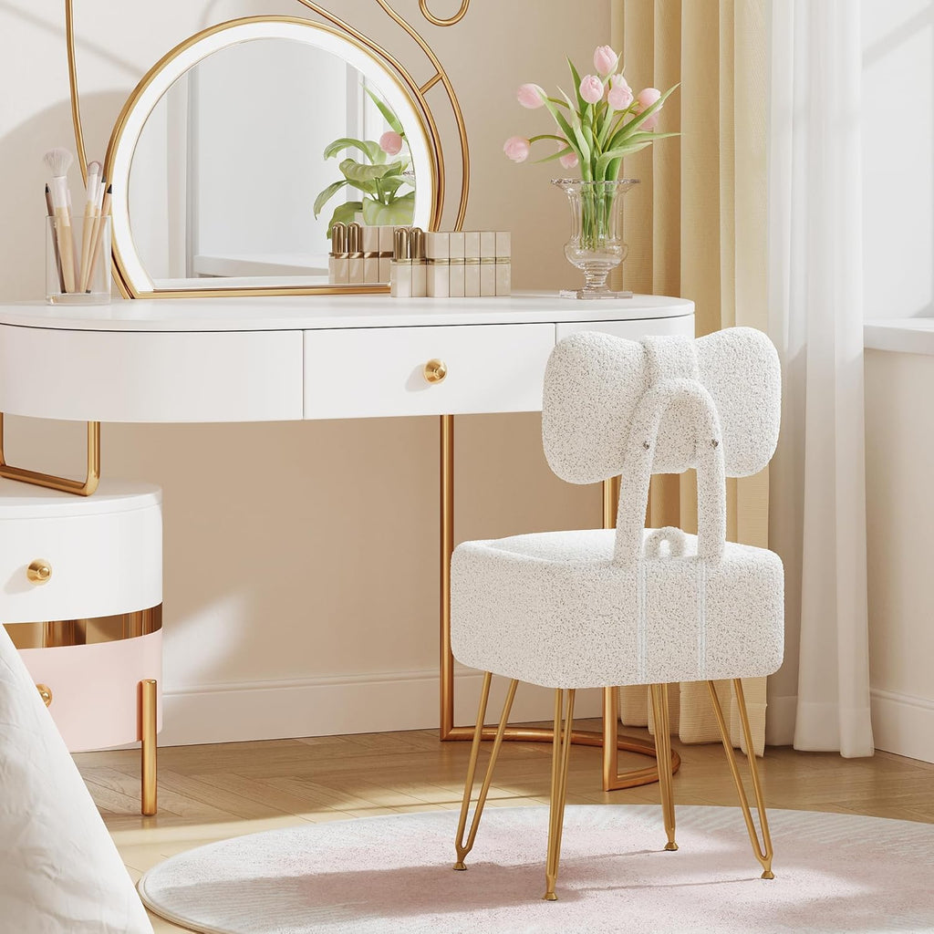 Small Vanity Chair with Storage and Folding Back, 14.2" D x 12.6" W x 28.3" H Soft Storage Ottoman, Footrest Stool, Teddy Fleece Vanity Stool for Makeup, Bedroom, Living Room, White